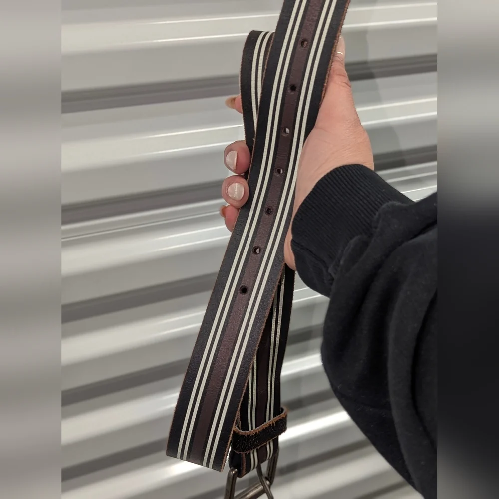 Vintage 90s‎ Y2K Black Brown White Striped Medium Leather Belt